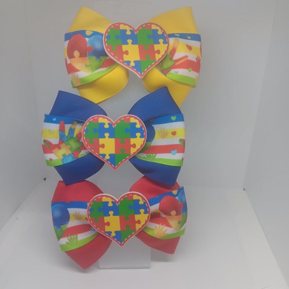 Autism awareness hair bow bundle In ribbon,  puzzle hair bows - Picture 1 of 4